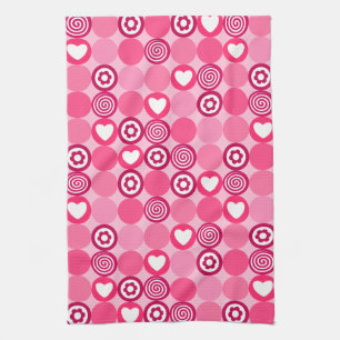 Valentines Cute Pink Heart and Flower Dots Pattern Tea Towel
