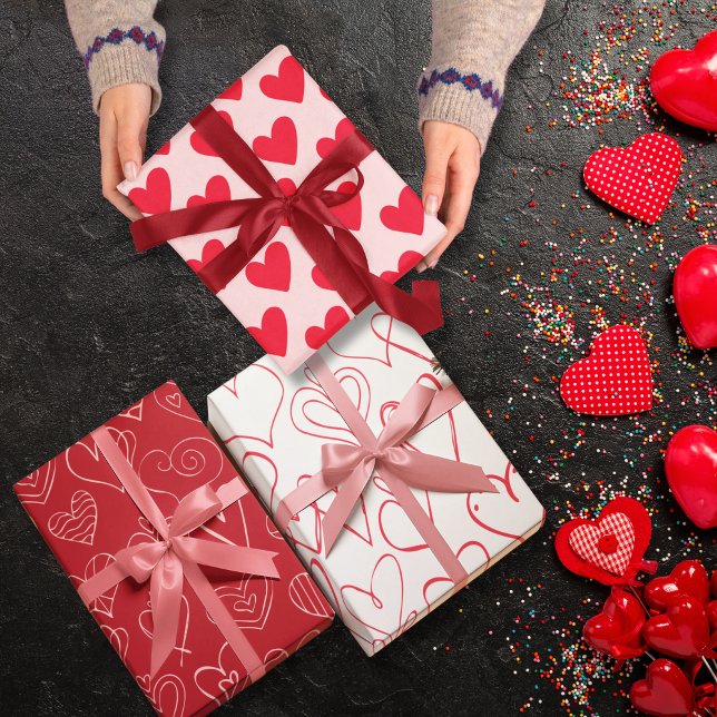 Valentines Cute Red Pink White Hearts pattern   Wrapping Paper Sheet (Valentines red and pink heart pattern set of 3 wrapping paper sheet)
