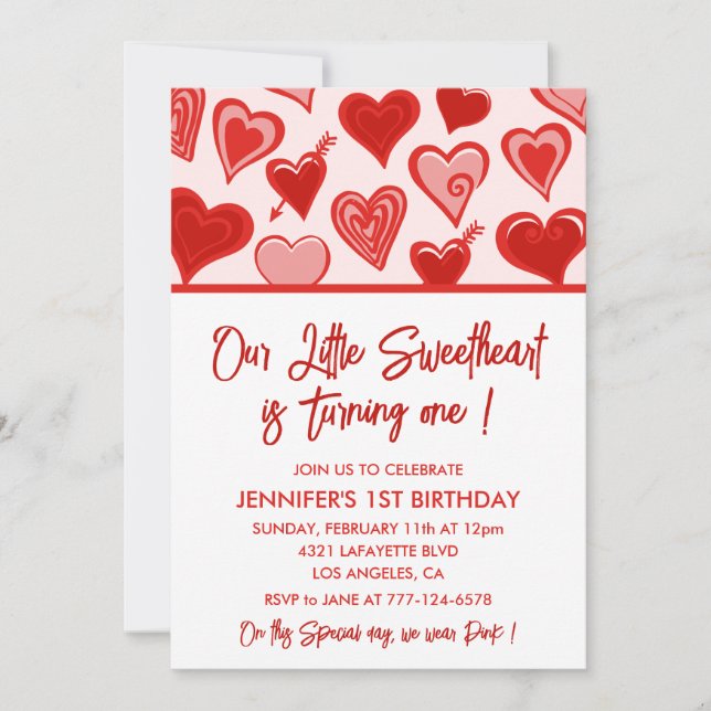 Valentines day 1st birthday invitation turning one (Front)