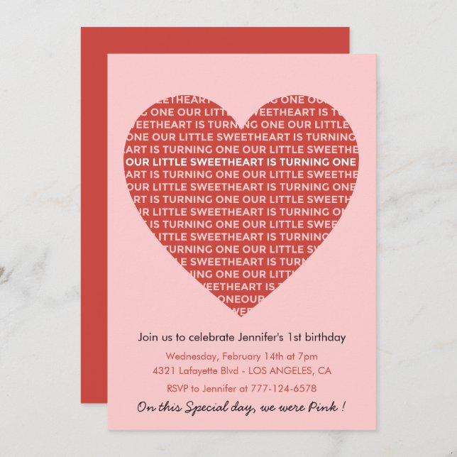 Valentines day 1st birthday invitations Big Heart (Front/Back)