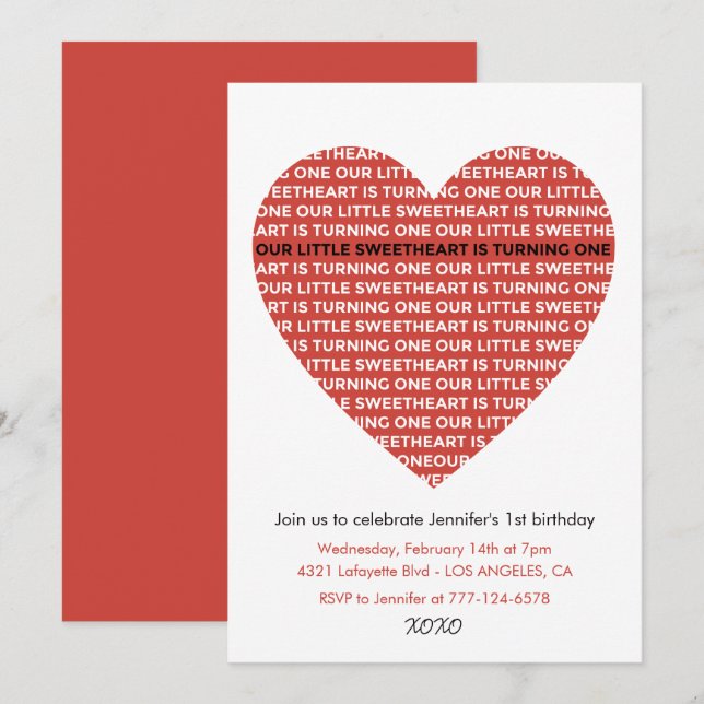 Valentines day 1st birthday invitations xoxo kids (Front/Back)