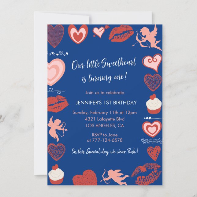 Valentines day 1st birthday Pink Red Navy Invitation (Front)