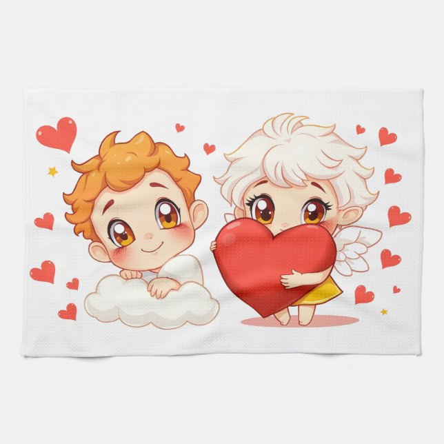 Valentine's Day 2025: Cute and Playful Angels 👼❤️ Tea Towel (Horizontal)