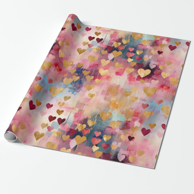 Valentine's Day Abstract Gold Colour Hearts Wrapping Paper (Unrolled)