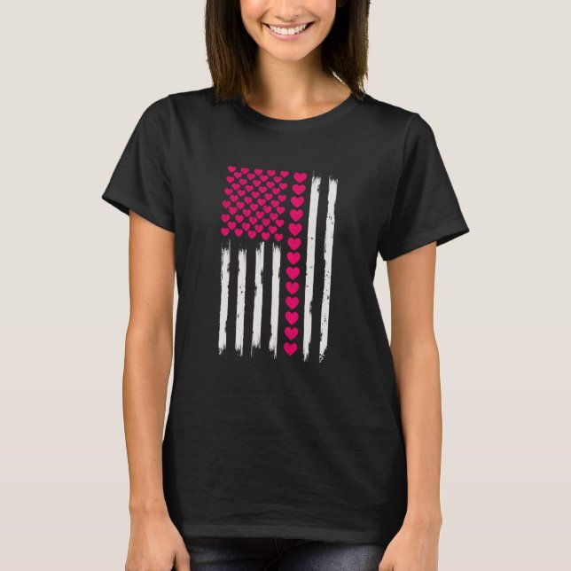 Valentines Day American Flag Hearts pink Distresse T-Shirt (Front)