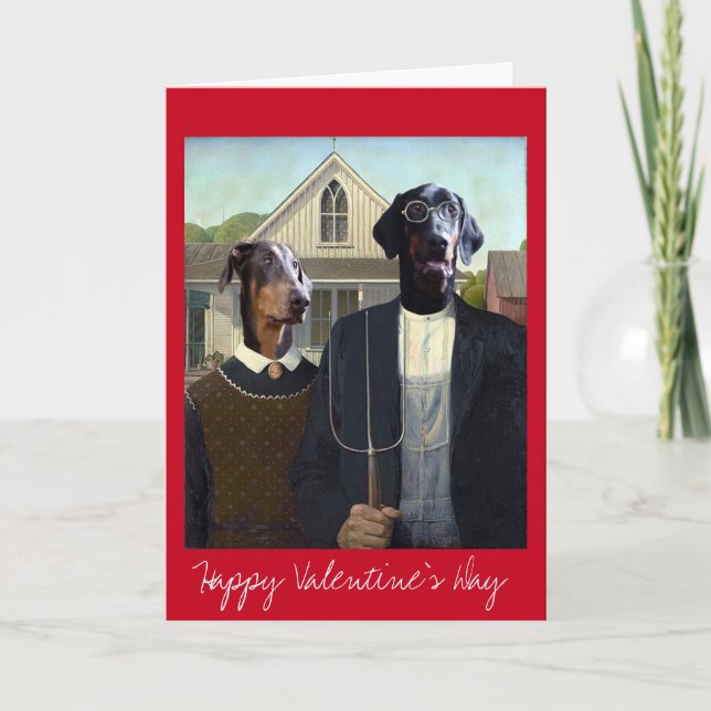 Valentines Day American Gothic funny Doberman dog Holiday Card (Front)