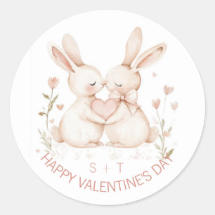 Valentines Day Animal Bunny Couple Custom Initials Classic Round Sticker