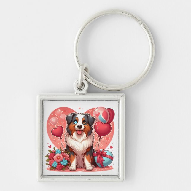 Valentine's Day - Australian Shepherd 2 -  Key Ring (Front)