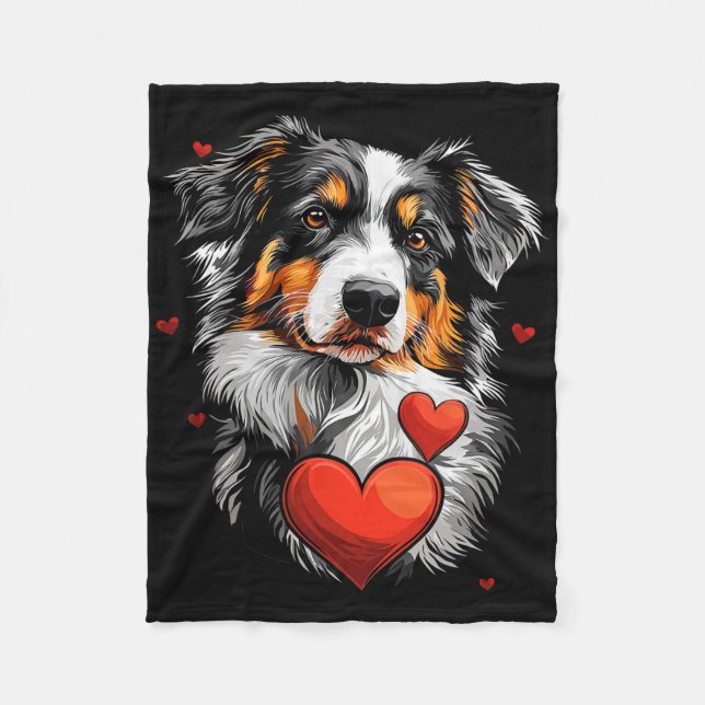 Valentine's Day Australian Shepherd Dog  Fleece Blanket (Front)
