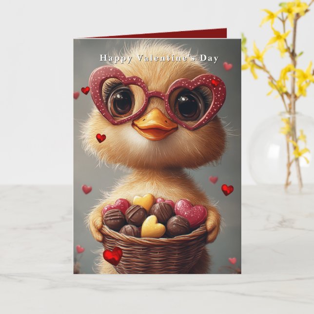 Valentine's Day Baby Duck Heart Glasses Card (Yellow Flower)