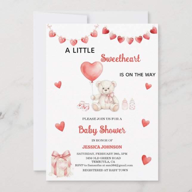 Valentine's Day Baby Shower Teddy Bear Hearts  Invitation (Front)