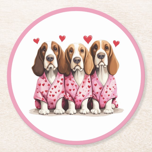 Valentines Day Basset Hound Dogs Round Paper Coaster (Front)
