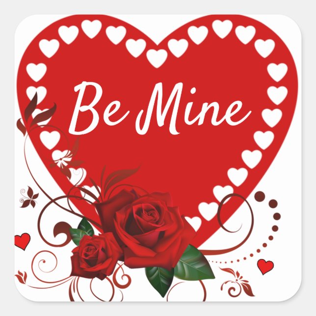 Valentine's Day Be Mine Heart Favour Square Sticker (Front)