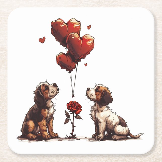 Valentines Day Beagle Dogs Square Paper Coaster (Front)