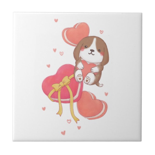 Valentine's Day: Beagle & Macarons Ceramic Tile (Front)