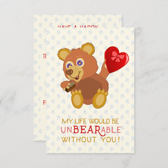 Valentine's Day Bear Funny Kids School Classroom Card (Front/Back)