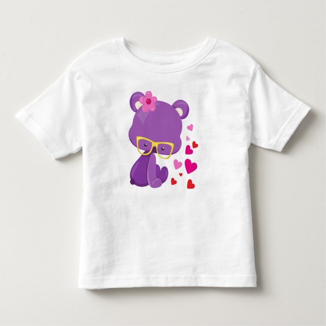 Valentine's Day Bear, Purple Bear, Glasses, Hearts Toddler T-Shirt (Front)