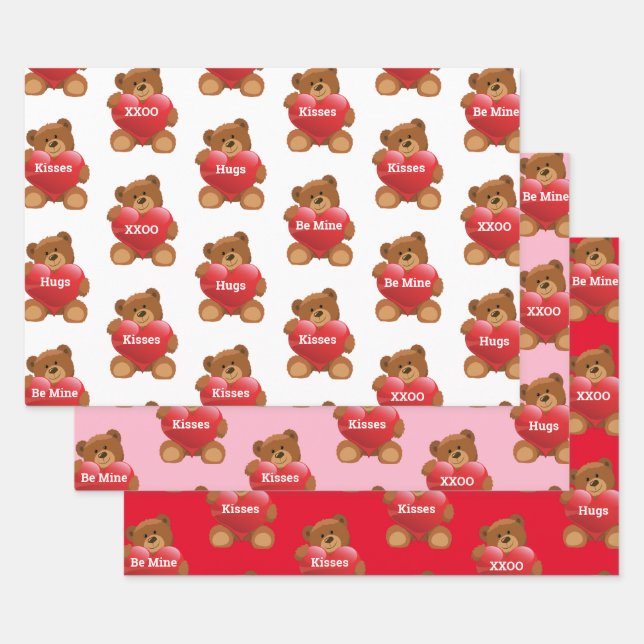 Valentine's Day Bears Hearts Add Your Words Gift Wrapping Paper Sheet (Set)