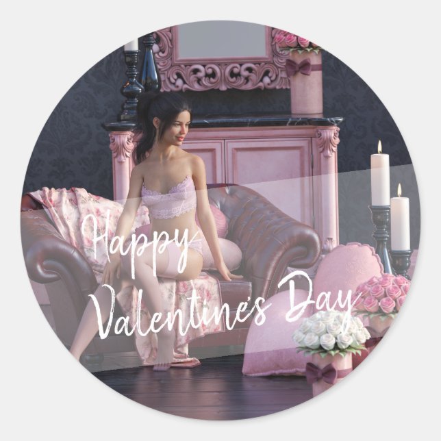 Valentine's Day Beauty in Lingerie on the Couch Classic Round Sticker (Front)