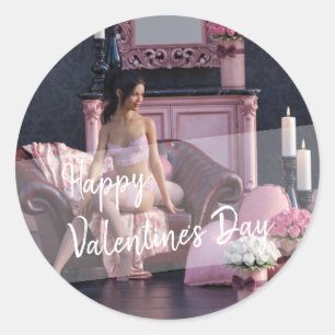 Valentine's Day Beauty in Lingerie on the Couch Classic Round Sticker