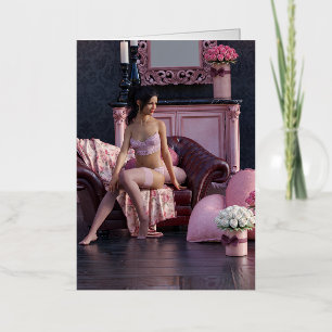 Valentine's Day Beauty in Lingerie on the Couch Foil Greeting Card