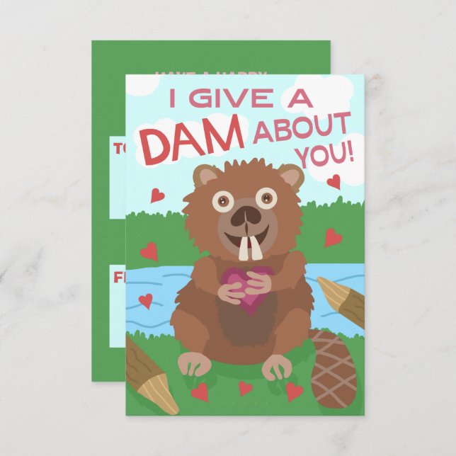 Valentine's Day Beaver Funny Kids School Classroom Card (Front/Back)