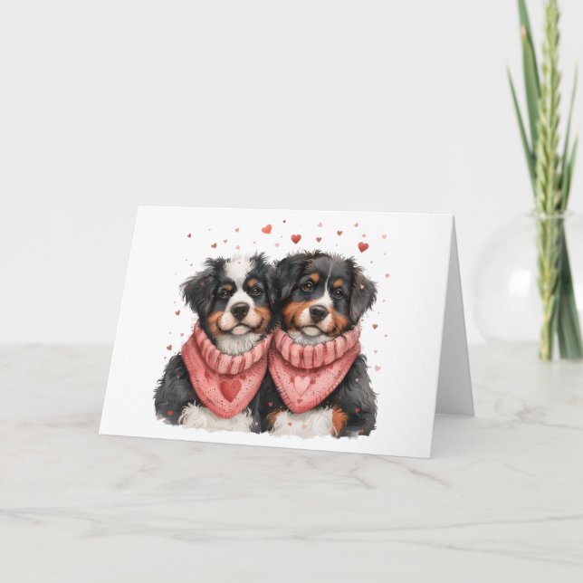 Valentines Day Bernese Mountain Dogs Holiday Card (Front)