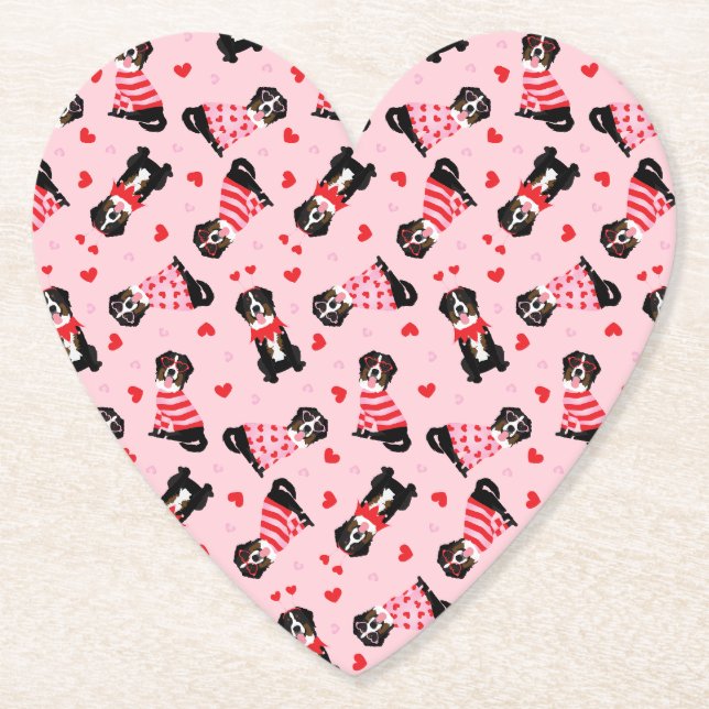 Valentines Day Bernese Mountain Dogs Paper Coaster (Front)