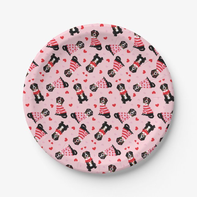 Valentines Day Bernese Mountain Dogs Paper Plate (Front)