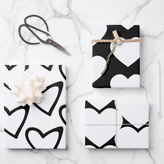 Valentines Day Big Hearts Black White Pattern Wrapping Paper Sheet (Front)
