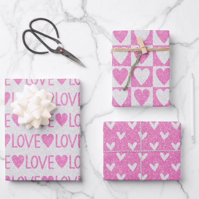 Valentine's Day Birthday Pink White Glitter Hearts Wrapping Paper Sheet (Front)