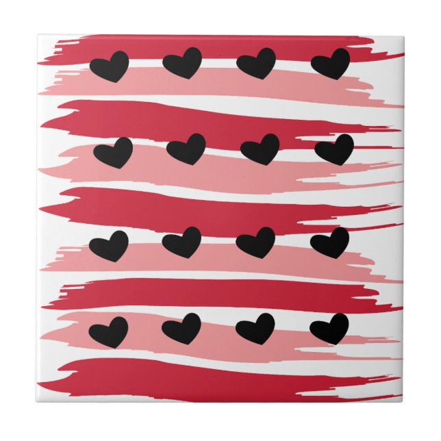 Valentines Day Black Hearts Red Pink Stripes Ceramic Tile (Front)
