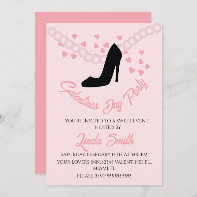 Valentines Day Black Pink Hearts Heels Invitation (Front/Back)
