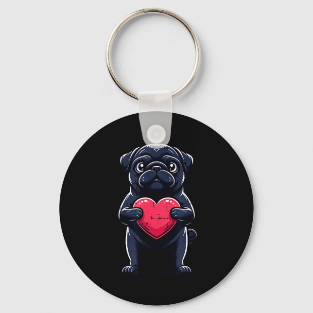 Valentines Day Black Pug Heart Funny Dog Mom Dad F Key Ring (Front)