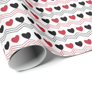 Valentines Day Black Red Heart Chevron Stripe Wrapping Paper