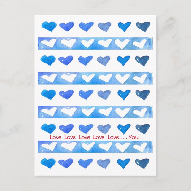 Valentine's Day Blue Watercolor Hearts Love You Holiday Postcard (Front)