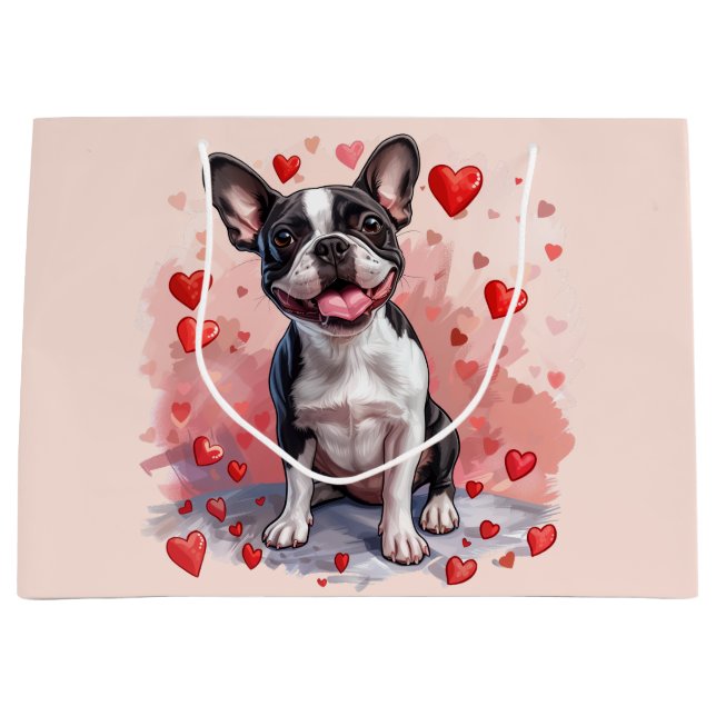 Valentines Day Boston Terrier Dog Large Gift Bag (Front)