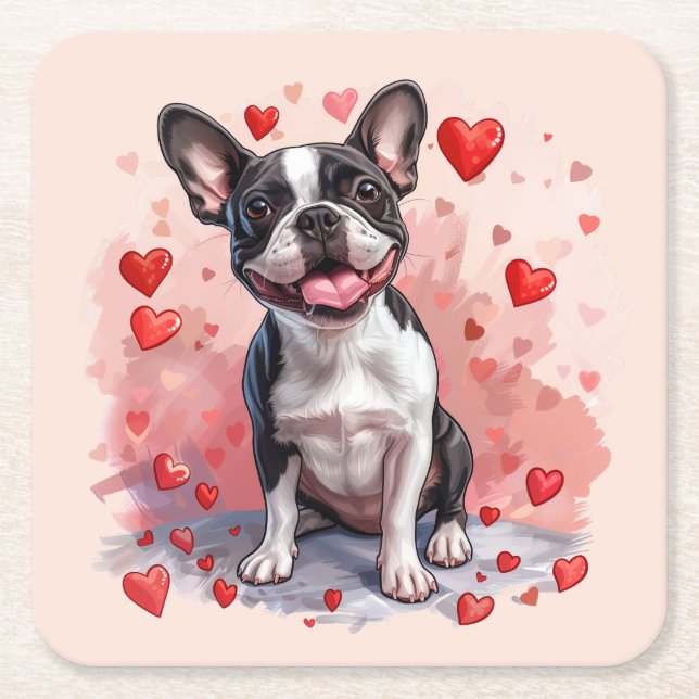 Valentines Day Boston Terrier Dog Square Paper Coaster (Front)