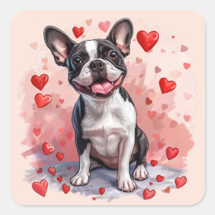 Valentines Day Boston Terrier Dog Square Sticker