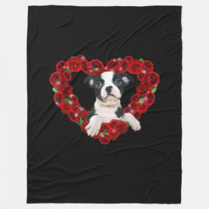 Valentines Day Boston Terrier Heart Roses Gift Dog Fleece Blanket