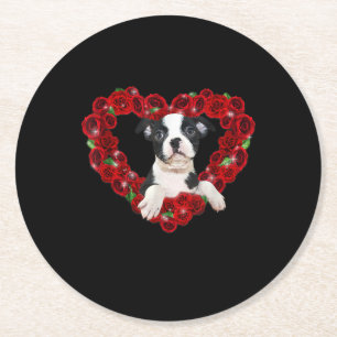 Valentines Day Boston Terrier Heart Roses Gift Dog Round Paper Coaster