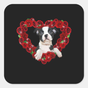 Valentines Day Boston Terrier Heart Roses Gift Dog Square Sticker
