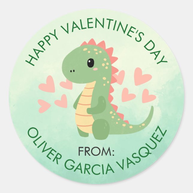 Valentines Day Boy Dinosaur Favours for Classmates Classic Round Sticker (Front)