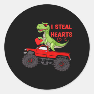 Valentines Day Boys Kids Dinosaur Monster Truck He Classic Round Sticker