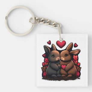 Valentine's Day Bunny Bliss, Love Hearts and Roses Key Ring