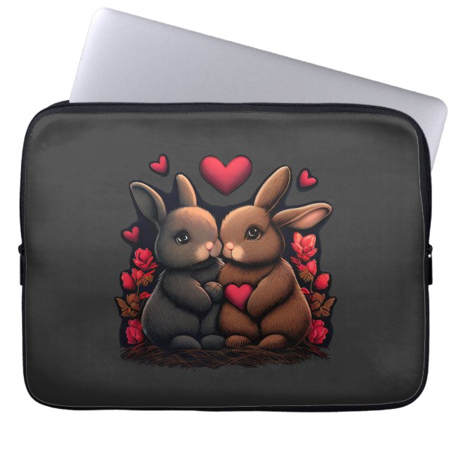 Valentine's Day Bunny Bliss, Love Hearts and Roses Laptop Sleeve (Front)