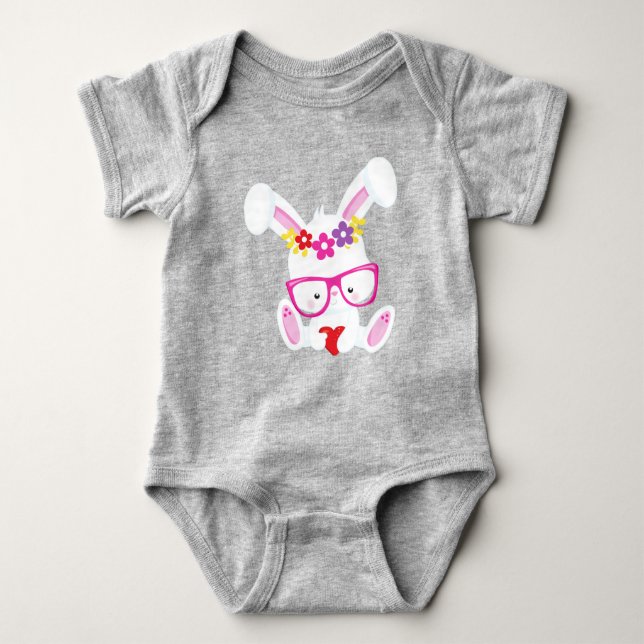Valentine's Day Bunny, White Bunny, Glasses, Heart Baby Bodysuit (Front)