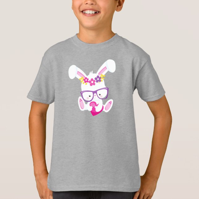 Valentine's Day Bunny, White Bunny, Heart, Glasses T-Shirt (Front)