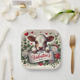 Valentine's Day Calf with Floral Arrangement Paper Plate