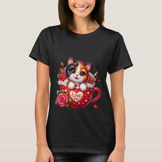 Valentine's Day Calico Cat Love You Mug Art ✨🐱☕ T-Shirt (Front)